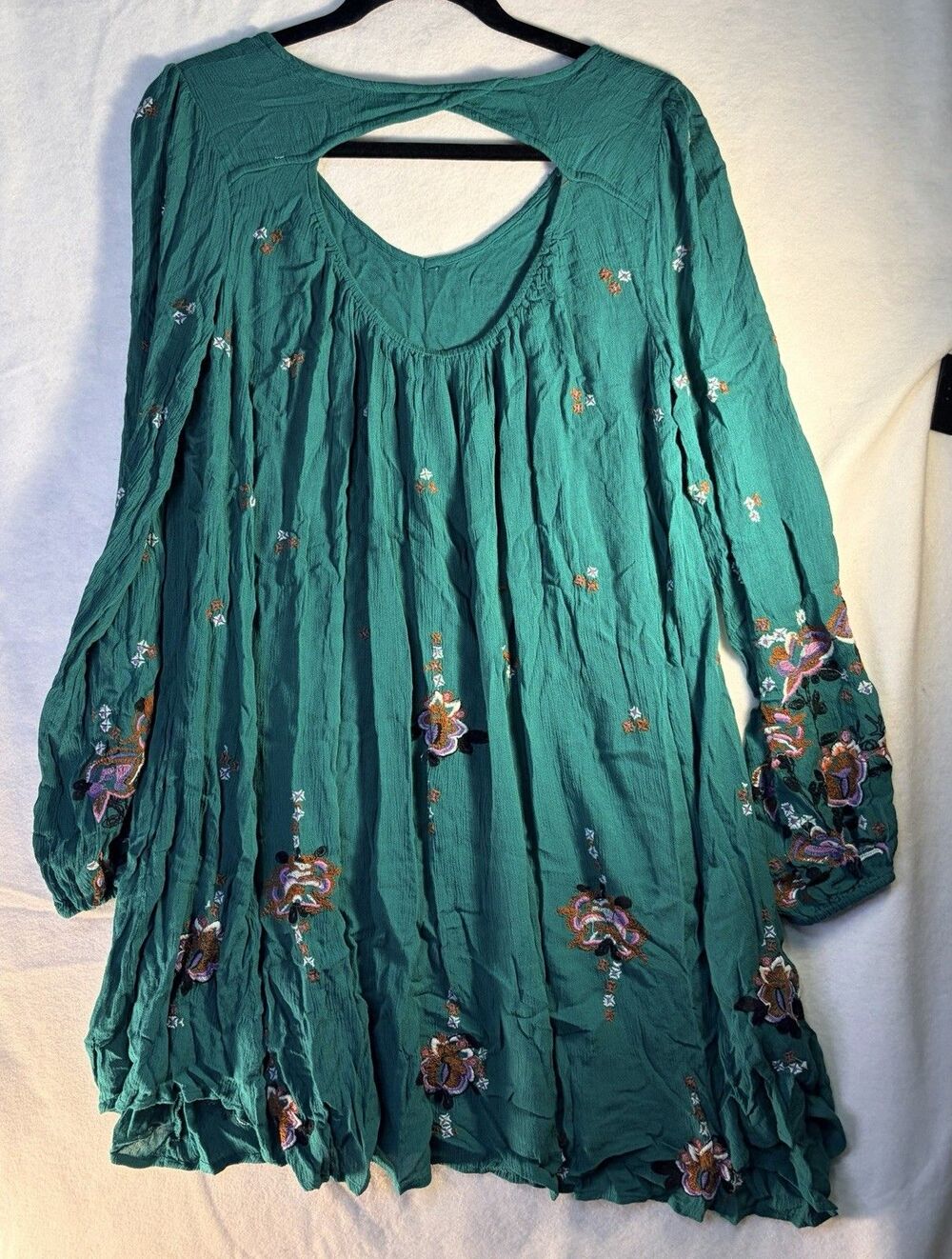 Free People Oxford Floral Embroidered Swing Dress M Teal Green Boho Oversized